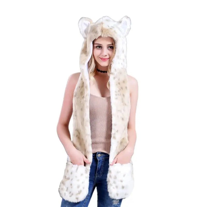 3 In 1 Women Men Fluffy Plush Animal Wolf Leopard Hood Scarf Hat with Paws Mittens Gloves Thicken Winter Warm Earflap Bomber Cap