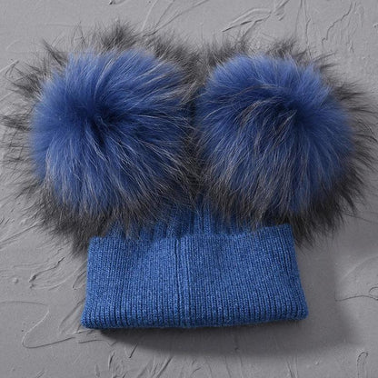 Double Real Raccoon Fur Pompom Hat Women Winter Caps Knitted Wool Hats Skullies Beanies Girls Female Two Fur Pom Pom Beanie Hat