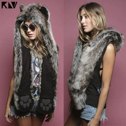 3 In 1 Women Men Fluffy Plush Animal Wolf Leopard Hood Scarf Hat with Paws Mittens Gloves Thicken Winter Warm Earflap Bomber Cap