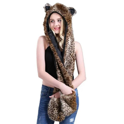 3 In 1 Women Men Fluffy Plush Animal Wolf Leopard Hood Scarf Hat with Paws Mittens Gloves Thicken Winter Warm Earflap Bomber Cap