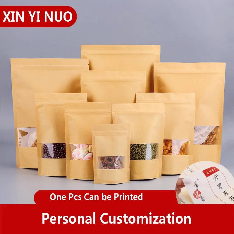 50PCS/LOT Craft Paper Zip Lock Bag With Window Gift Tea Packaging Food Stand Up Pouches Zipper Kraft Personal Custom LOGO