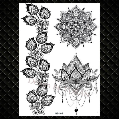 YURAN Fashion Black Chains Wrist Henna Flower Fake Tattoos Stickers Waterproof Mandala Flora Tattoo Temporary Women Arm 3D Tatto