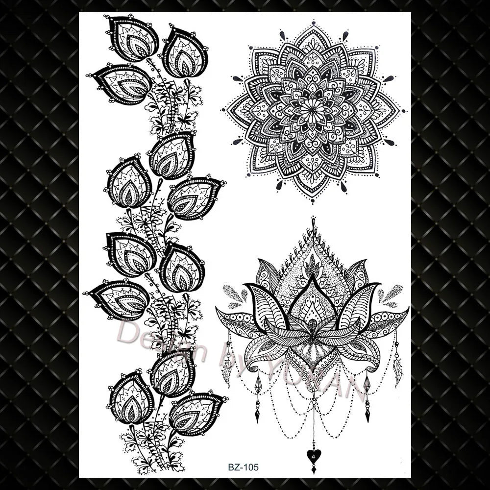 YURAN Fashion Black Chains Wrist Henna Flower Fake Tattoos Stickers Waterproof Mandala Flora Tattoo Temporary Women Arm 3D Tatto