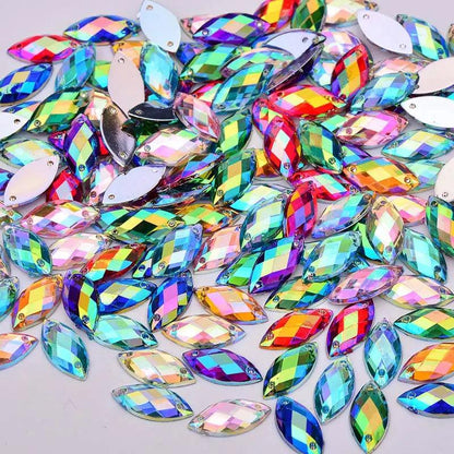 JUNAO 500pcs 7x15mm Glitter Red AB Crystal Rhinestones Acrylic Strass Sew On Flat Back Gems Horse Eye Stones for Dress Crafts