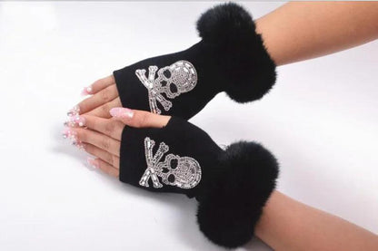 Women Cartoon Animals Fox Fingerless Dance Gloves Winter Warm Short Plush Diamonds Sequins Skull Fingerless Knitted Gloves G102