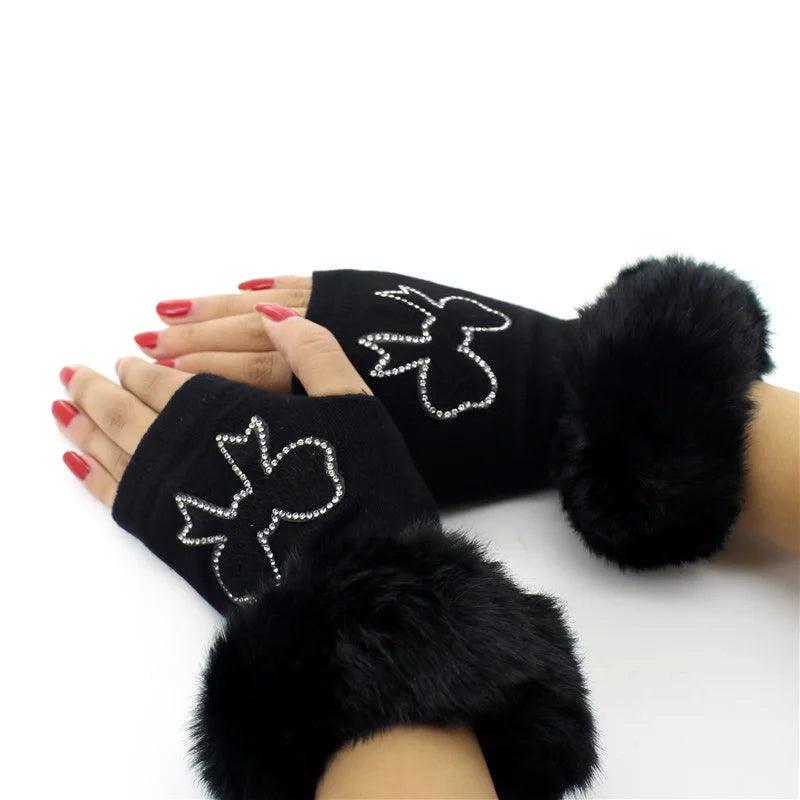 Women Cartoon Animals Fox Fingerless Dance Gloves Winter Warm Short Plush Diamonds Sequins Skull Fingerless Knitted Gloves G102