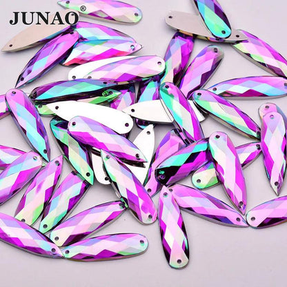 JUNAO 30pc 8*28mm Sewing Blue AB Drops Rhinestone Applique Flat Back Gems Sew On Acrylic Stone Strass Crystal Needlework Crafts