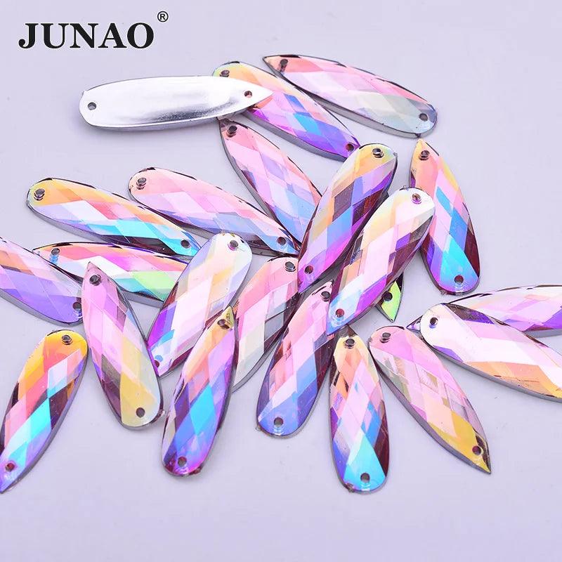 JUNAO 30pc 8*28mm Sewing Blue AB Drops Rhinestone Applique Flat Back Gems Sew On Acrylic Stone Strass Crystal Needlework Crafts