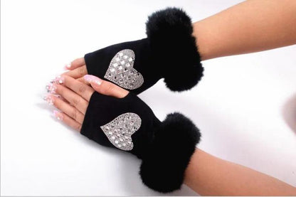 Women Cartoon Animals Fox Fingerless Dance Gloves Winter Warm Short Plush Diamonds Sequins Skull Fingerless Knitted Gloves G102