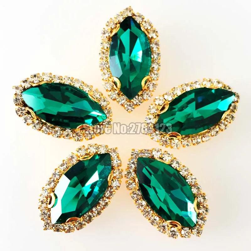 Free shipping Horse eye shape Gold bottom Crystal button,Malachite green AAA+ Glass Crystal sew on rhinestones