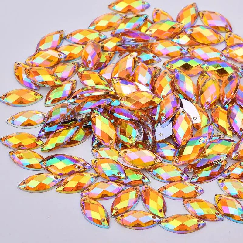 JUNAO 500pcs 7x15mm Glitter Red AB Crystal Rhinestones Acrylic Strass Sew On Flat Back Gems Horse Eye Stones for Dress Crafts