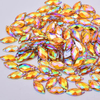 JUNAO 500pcs 7x15mm Glitter Red AB Crystal Rhinestones Acrylic Strass Sew On Flat Back Gems Horse Eye Stones for Dress Crafts