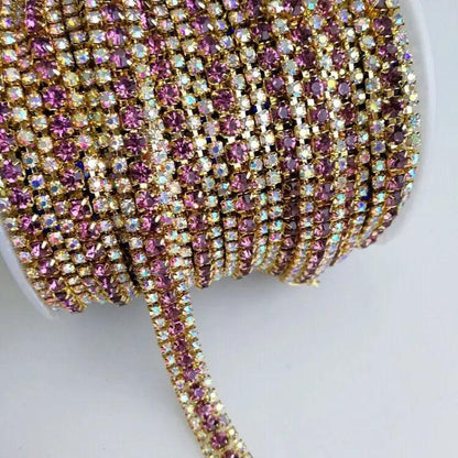 New!! 3 rows 1yard Gold bottom rhinestones chain,Sewing style diy clothing accessories Free shipping