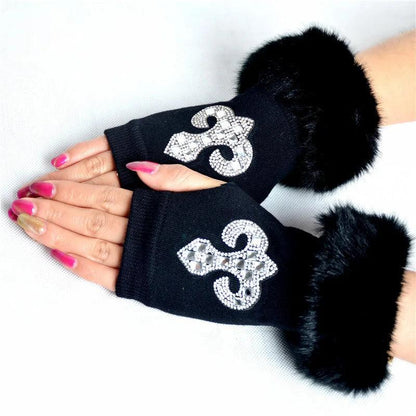 Women Cartoon Animals Fox Fingerless Dance Gloves Winter Warm Short Plush Diamonds Sequins Skull Fingerless Knitted Gloves G102