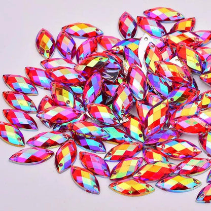 JUNAO 500pcs 7x15mm Glitter Red AB Crystal Rhinestones Acrylic Strass Sew On Flat Back Gems Horse Eye Stones for Dress Crafts