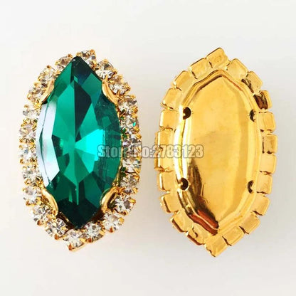 Free shipping Horse eye shape Gold bottom Crystal button,Malachite green AAA+ Glass Crystal sew on rhinestones