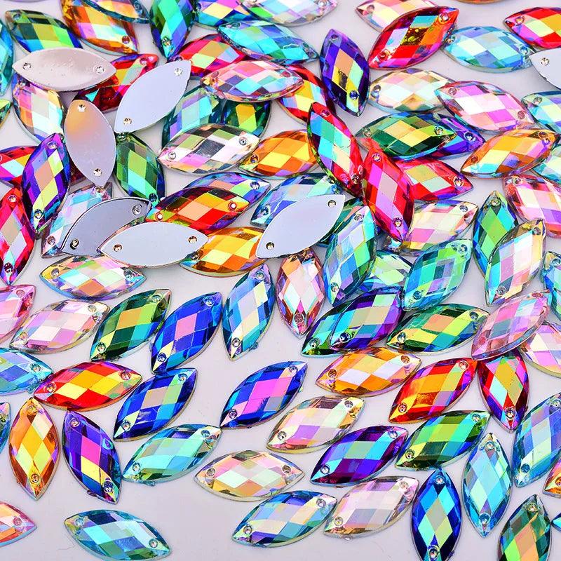 JUNAO 500pcs 7x15mm Glitter Red AB Crystal Rhinestones Acrylic Strass Sew On Flat Back Gems Horse Eye Stones for Dress Crafts