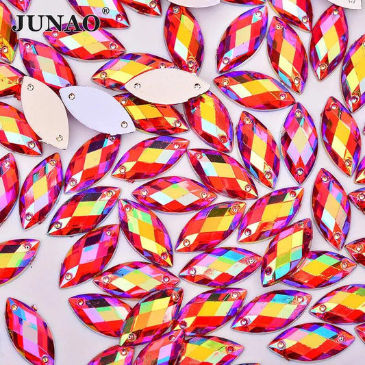 JUNAO 500pcs 7x15mm Glitter Red AB Crystal Rhinestones Acrylic Strass Sew On Flat Back Gems Horse Eye Stones for Dress Crafts