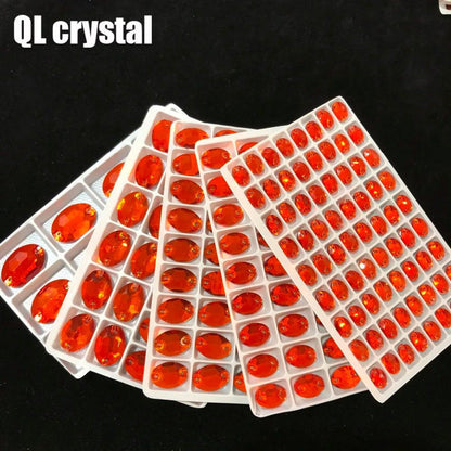 ALL Size Orange Red Oval Sew On Crystal Rhinestones Flatback with 2 holes for Making wedding dress  bags shoes accessories