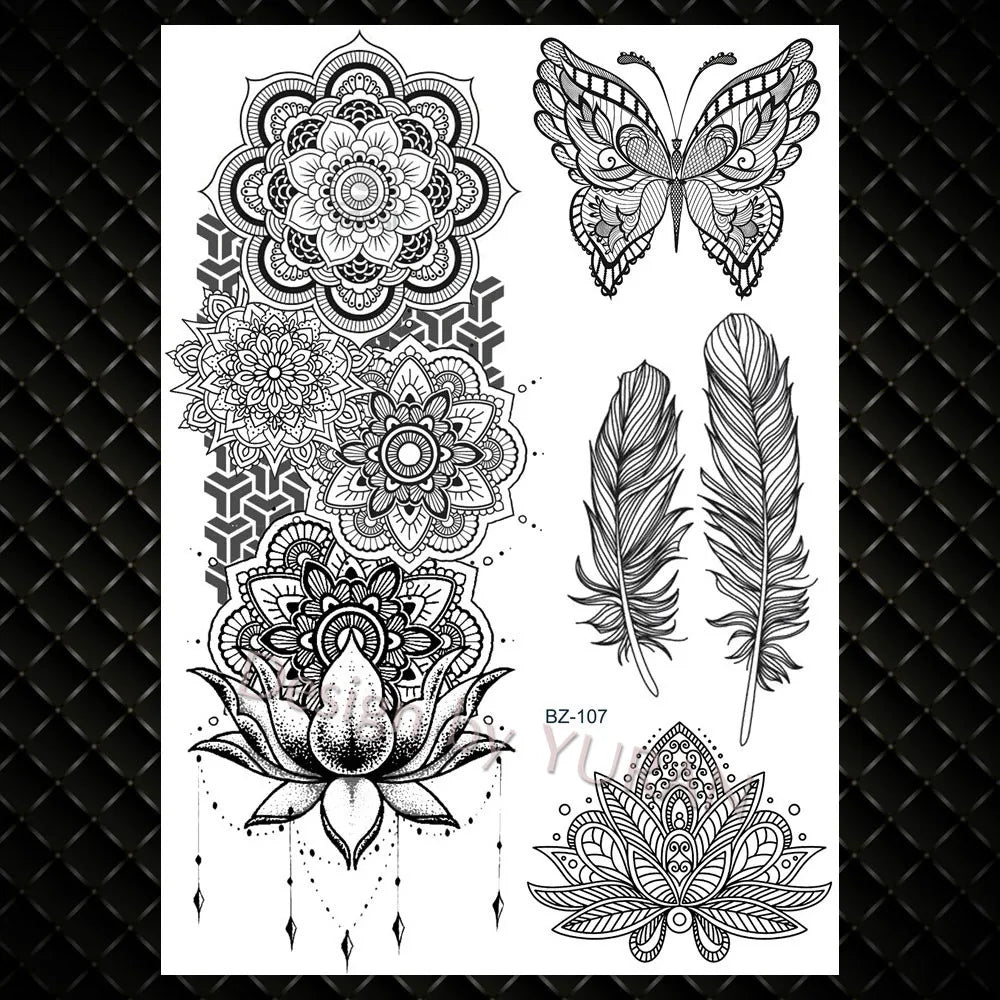 YURAN Fashion Black Chains Wrist Henna Flower Fake Tattoos Stickers Waterproof Mandala Flora Tattoo Temporary Women Arm 3D Tatto