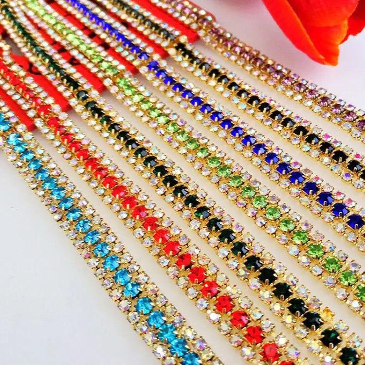 New!! 3 rows 1yard Gold bottom rhinestones chain,Sewing style diy clothing accessories Free shipping