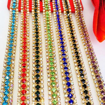 New!! 3 rows 1yard Gold bottom rhinestones chain,Sewing style diy clothing accessories Free shipping