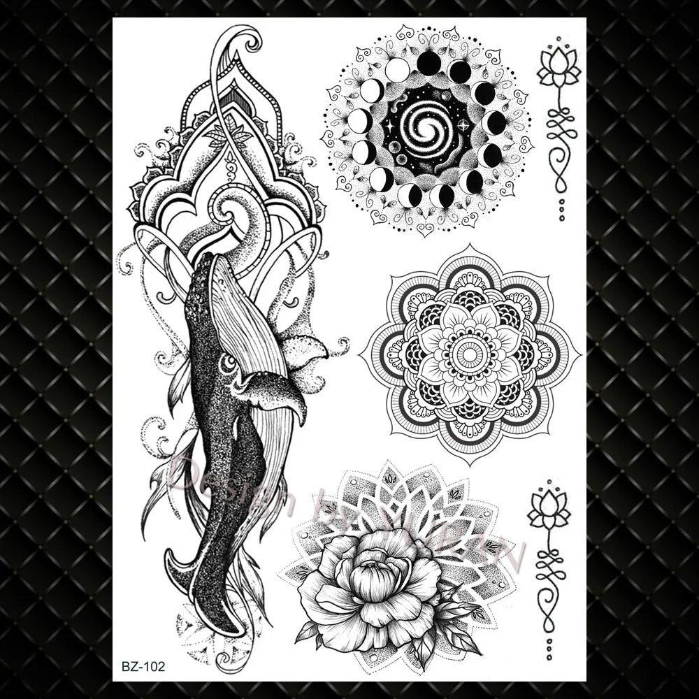 YURAN Fashion Black Chains Wrist Henna Flower Fake Tattoos Stickers Waterproof Mandala Flora Tattoo Temporary Women Arm 3D Tatto