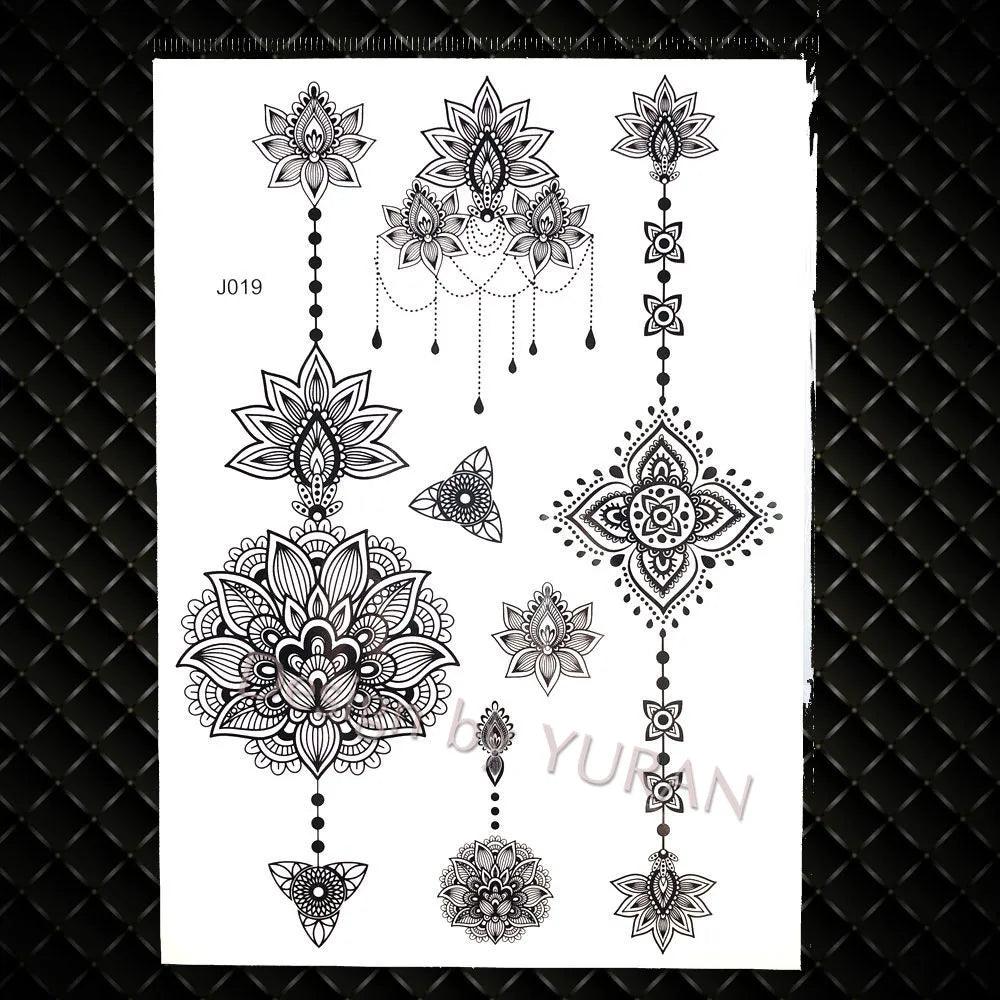 YURAN Fashion Black Chains Wrist Henna Flower Fake Tattoos Stickers Waterproof Mandala Flora Tattoo Temporary Women Arm 3D Tatto