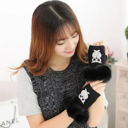 Women Cartoon Animals Fox Fingerless Dance Gloves Winter Warm Short Plush Diamonds Sequins Skull Fingerless Knitted Gloves G102