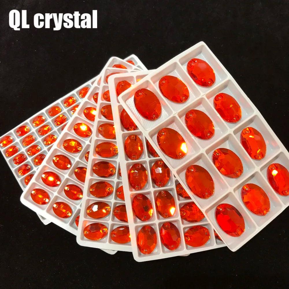 ALL Size Orange Red Oval Sew On Crystal Rhinestones Flatback with 2 holes for Making wedding dress  bags shoes accessories