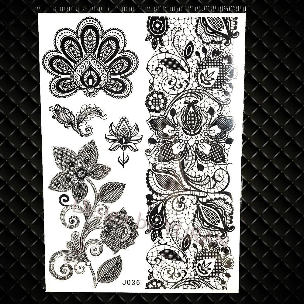 YURAN Fashion Black Chains Wrist Henna Flower Fake Tattoos Stickers Waterproof Mandala Flora Tattoo Temporary Women Arm 3D Tatto