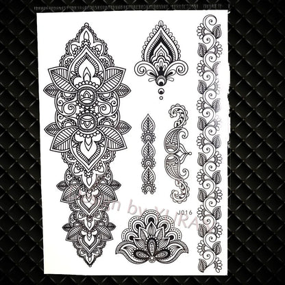 YURAN Fashion Black Chains Wrist Henna Flower Fake Tattoos Stickers Waterproof Mandala Flora Tattoo Temporary Women Arm 3D Tatto