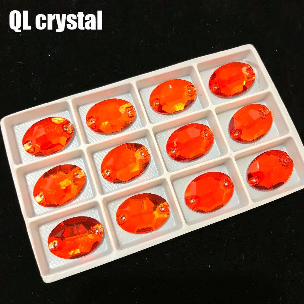 ALL Size Orange Red Oval Sew On Crystal Rhinestones Flatback with 2 holes for Making wedding dress  bags shoes accessories