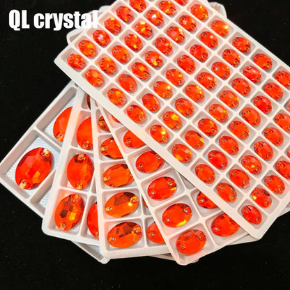 ALL Size Orange Red Oval Sew On Crystal Rhinestones Flatback with 2 holes for Making wedding dress  bags shoes accessories