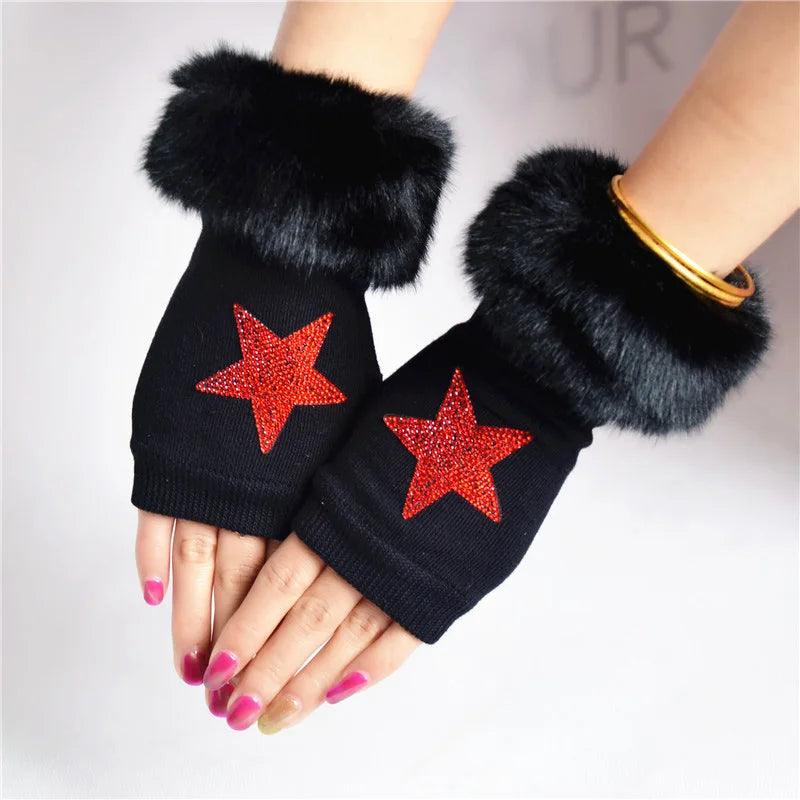 Women Cartoon Animals Fox Fingerless Dance Gloves Winter Warm Short Plush Diamonds Sequins Skull Fingerless Knitted Gloves G102