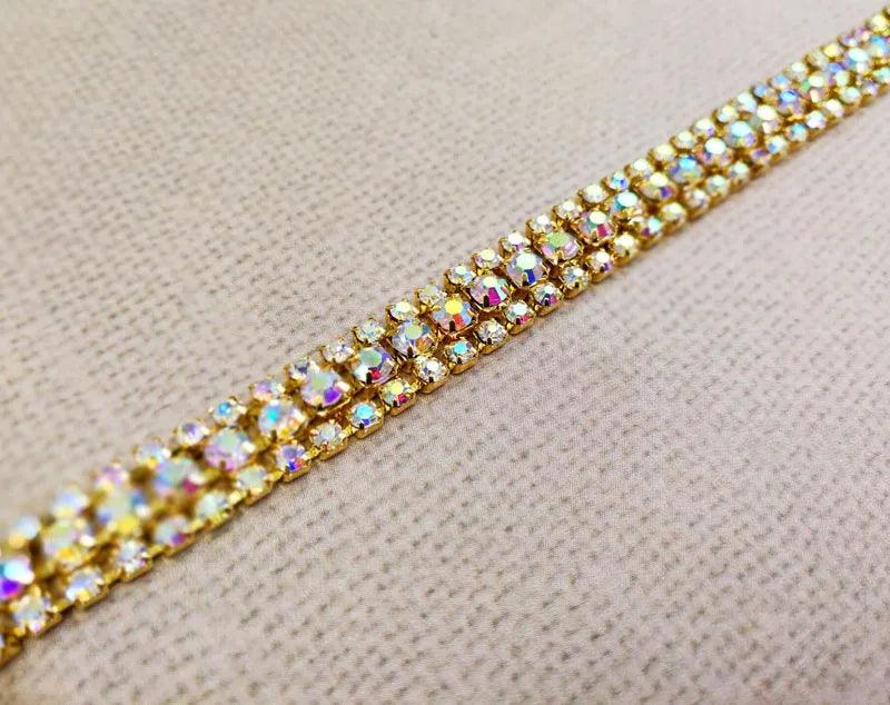 New!! 3 rows 1yard Gold bottom rhinestones chain,Sewing style diy clothing accessories Free shipping