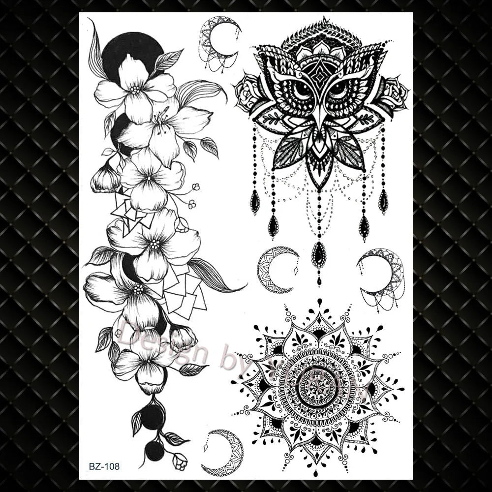 YURAN Fashion Black Chains Wrist Henna Flower Fake Tattoos Stickers Waterproof Mandala Flora Tattoo Temporary Women Arm 3D Tatto