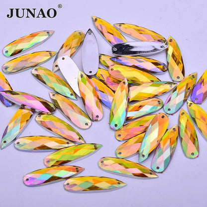 JUNAO 30pc 8*28mm Sewing Blue AB Drops Rhinestone Applique Flat Back Gems Sew On Acrylic Stone Strass Crystal Needlework Crafts