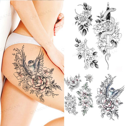 Black Flower Rose Waterproof Temporary Bird Snake Sexy Body Arm Leg Gem Henna Tattoo Fashion Big Fake Sleeve Sticker