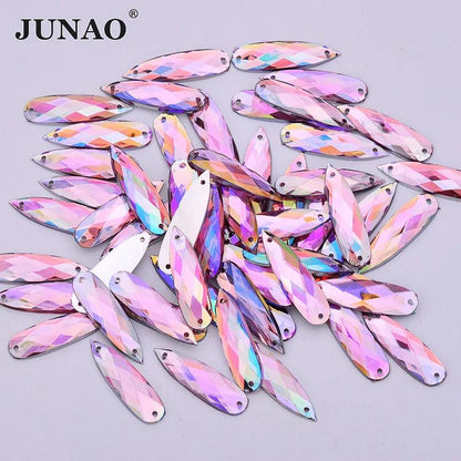 JUNAO 30pc 8*28mm Sewing Blue AB Drops Rhinestone Applique Flat Back Gems Sew On Acrylic Stone Strass Crystal Needlework Crafts