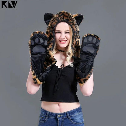 3 In 1 Women Men Fluffy Plush Animal Wolf Leopard Hood Scarf Hat with Paws Mittens Gloves Thicken Winter Warm Earflap Bomber Cap