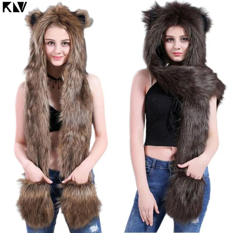 3 In 1 Women Men Fluffy Plush Animal Wolf Leopard Hood Scarf Hat with Paws Mittens Gloves Thicken Winter Warm Earflap Bomber Cap