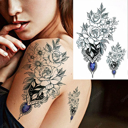 Black Flower Rose Waterproof Temporary Bird Snake Sexy Body Arm Leg Gem Henna Tattoo Fashion Big Fake Sleeve Sticker