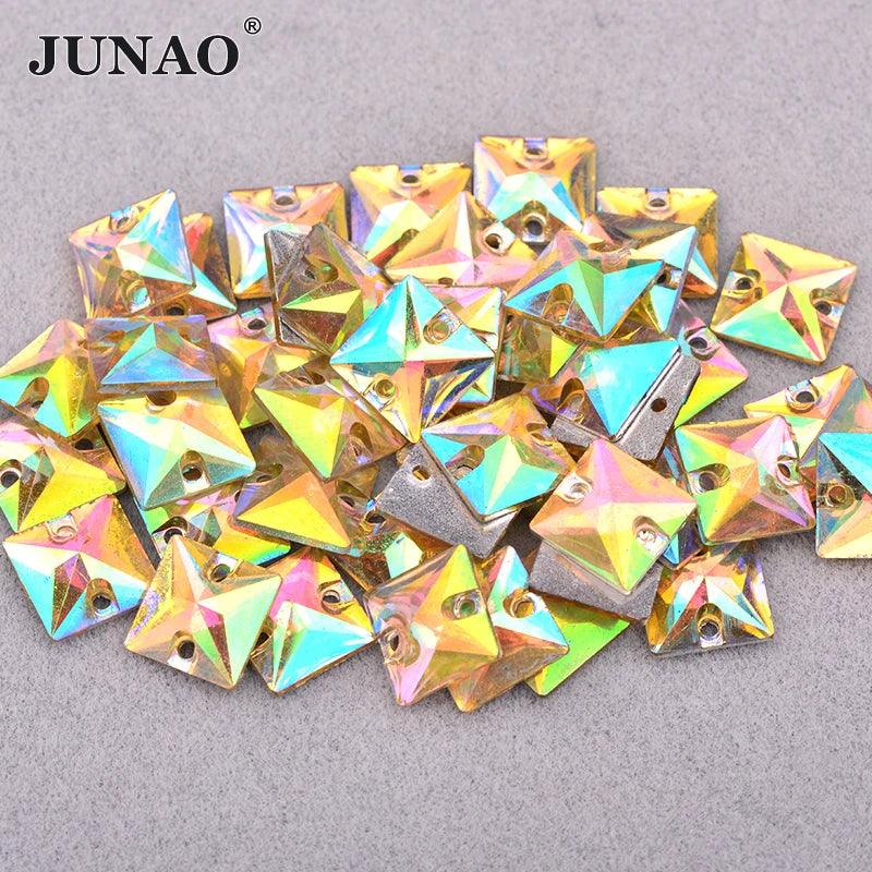 JUNAO 50pcs 7*21mm Sewing Crystal AB Rectangle Rhinestone Applique Flat Back Gems Acrylic Stone Sewn Crystal Strass for Needwork