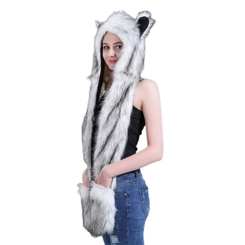 3 In 1 Women Men Fluffy Plush Animal Wolf Leopard Hood Scarf Hat with Paws Mittens Gloves Thicken Winter Warm Earflap Bomber Cap