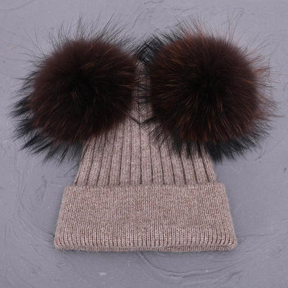 Double Real Raccoon Fur Pompom Hat Women Winter Caps Knitted Wool Hats Skullies Beanies Girls Female Two Fur Pom Pom Beanie Hat