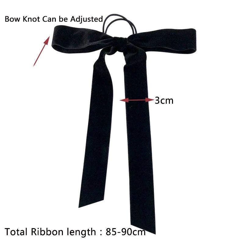 Lystrfac Vintage Black Velvet Bow Hair Ribbon Scrunchie for Women Girls Long Elastic Hair Tie Headwear Female Hair Accessories