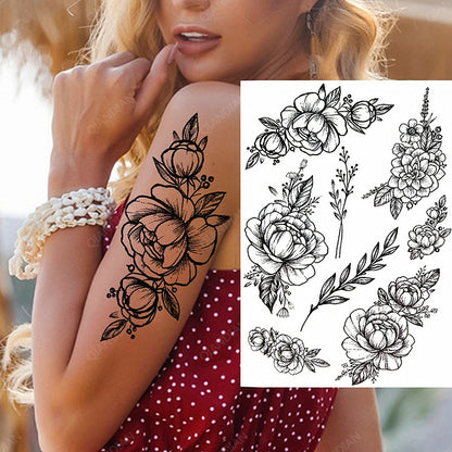 Black Flower Rose Waterproof Temporary Bird Snake Sexy Body Arm Leg Gem Henna Tattoo Fashion Big Fake Sleeve Sticker