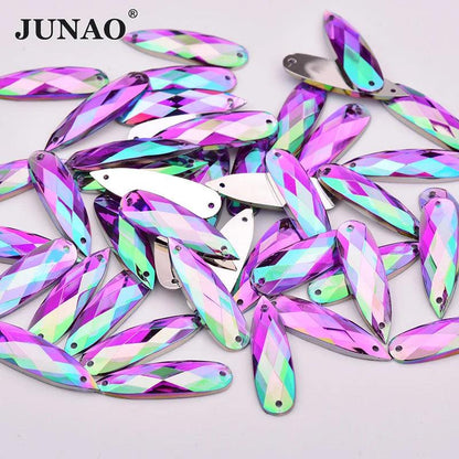 JUNAO 30pc 8*28mm Sewing Blue AB Drops Rhinestone Applique Flat Back Gems Sew On Acrylic Stone Strass Crystal Needlework Crafts