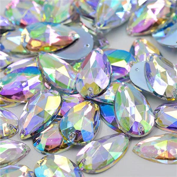 JUNAO 100pcs 17*28mm Sewing Red AB Teardrop Crystal Rhinestone Sew On Stones Flatback Acrylic Gems For Wedding Dress Decoration